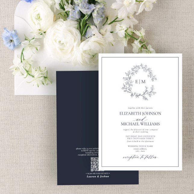 Invitation QR Code Marine Blue Leafy Crest Monogram Mariage (Créateur téléchargé)