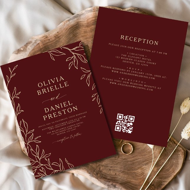 Invitation QR Code Moderne Burgundy Gold Minimal Mariage feui (Créateur téléchargé)
