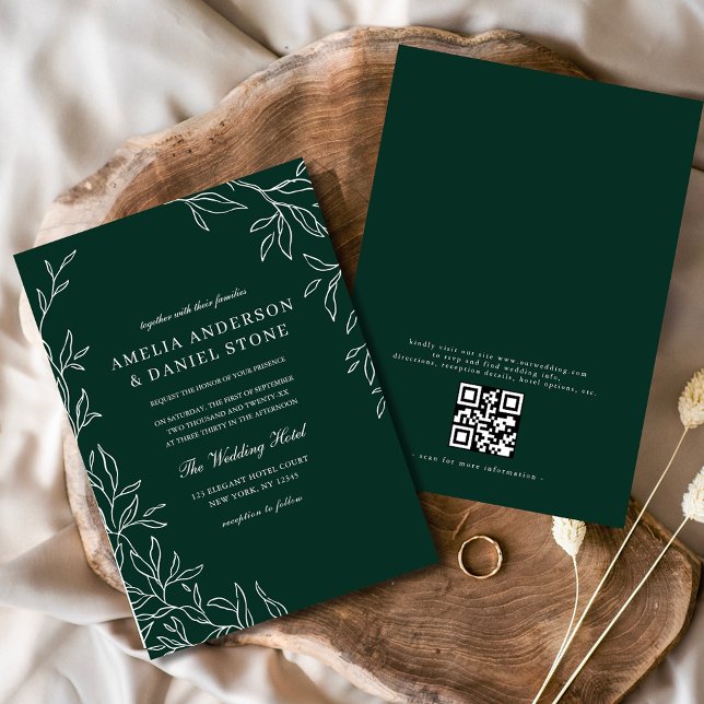 Invitation QR Code moderne Emerald vert minima Mariage feuill (Créateur téléchargé)