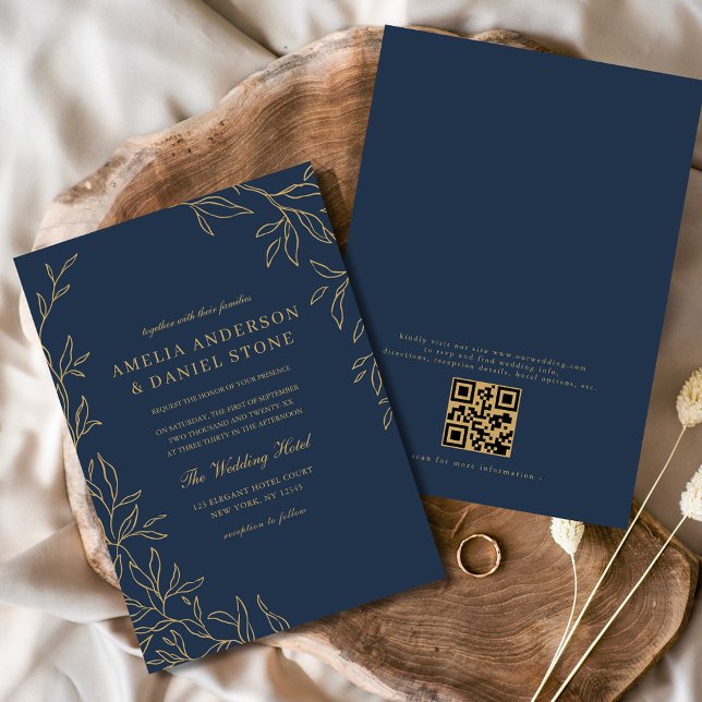 Invitation QR Code Moderne Marine Bleu Or Minimal Mariage (Créateur téléchargé)