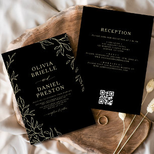 Invitation QR Code Moderne Noir & Or Minimal Mariage feuille