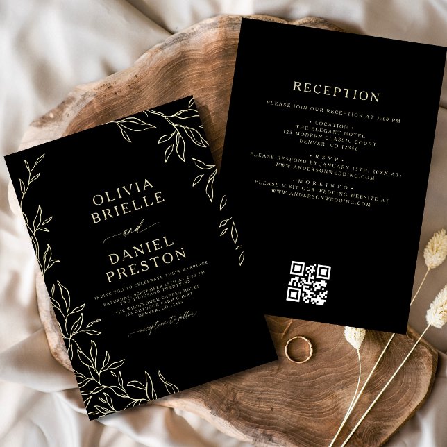 Invitation QR Code Moderne Noir & Or Minimal Mariage feuille (Créateur téléchargé)