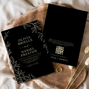 Invitation QR Code Moderne Noir & Or Minimal Mariage feuille