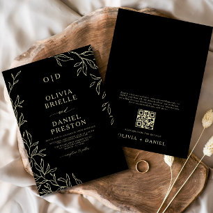 Invitation QR Code Moderne Noir & Or Minimal Mariage feuille