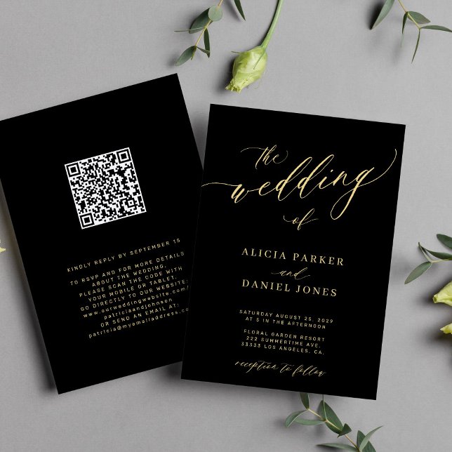 Invitation QR code moderne romantique élégant or noir mariage (Créateur téléchargé)