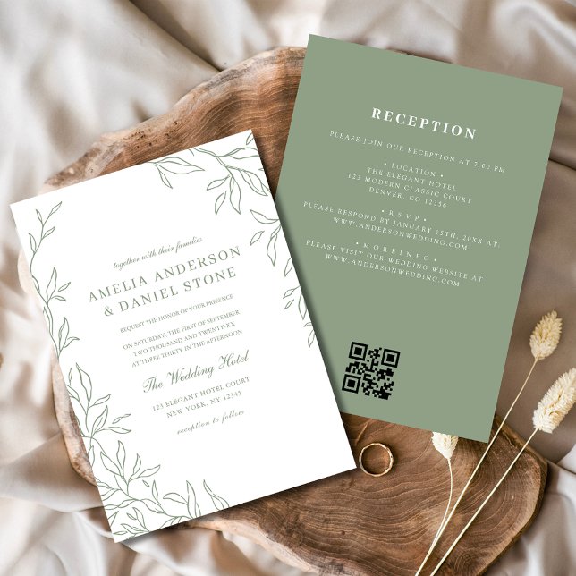 Invitation QR Code Moderne Sage Vert Minimal Mariage feuille (Créateur téléchargé)