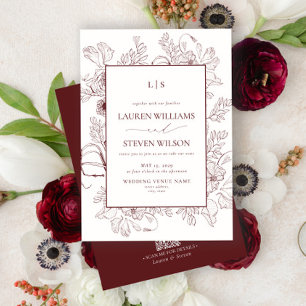 Invitation QR Code Monogram Bourgogne Floral Line Mariage