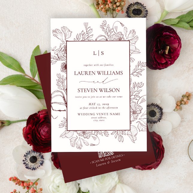 Invitation QR Code Monogram Bourgogne Floral Line Mariage (Créateur téléchargé)