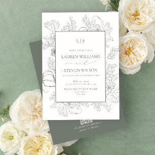 Invitation QR Code Monogramme élégant Sage Green Floral Line