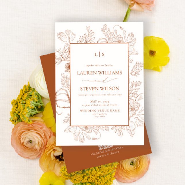 Invitation QR Code Monogramme Orange Floral Line Mariage (Créateur téléchargé)