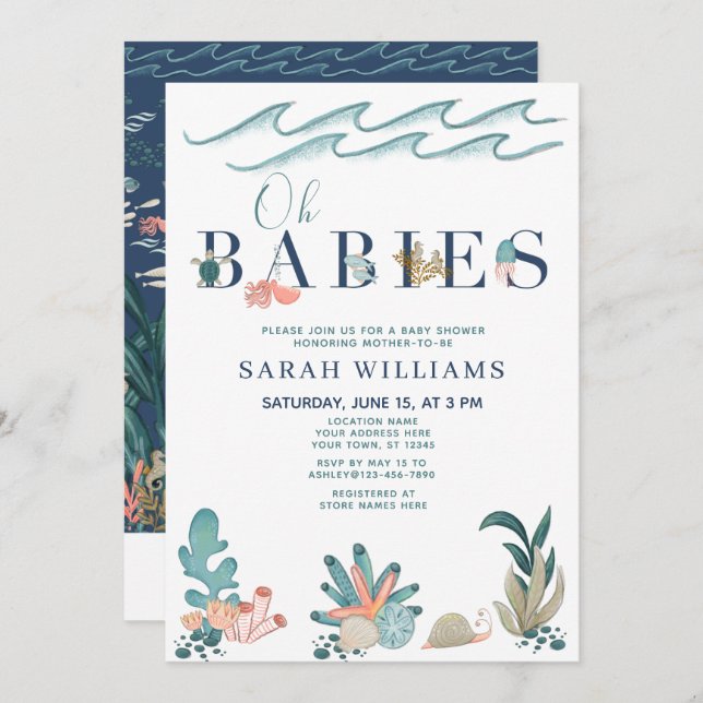 Invitation QR Code multiplie sous la mer Oh Babies Douche (Devant / Derrière)