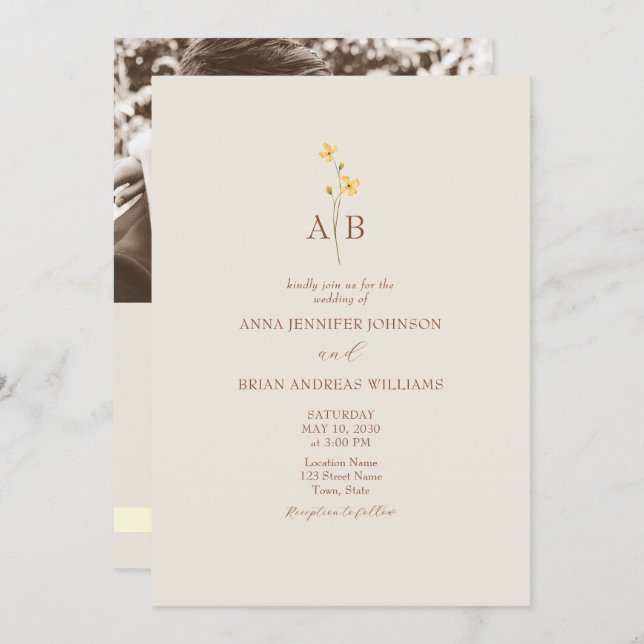 Invitation QR Code Neutral Wildflower Photo Wedding (Devant / Derrière)