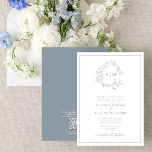 Invitation QR Code officiel Dusty Blue Leafy Crest Monogramme (Créateur téléchargé)