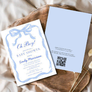 Invitation QR Code Oh Boy Blue Ribbon Bow Baby shower