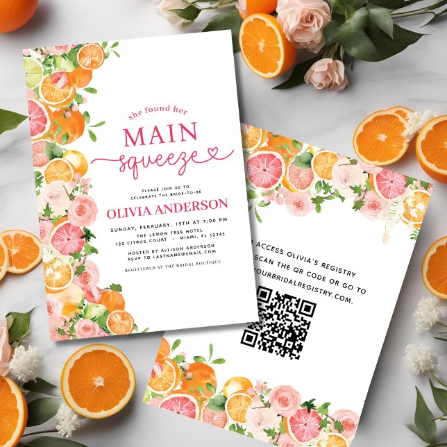 Invitation QR Code Orange Main Squeeze Citrus Fête des mariée (Créateur téléchargé)