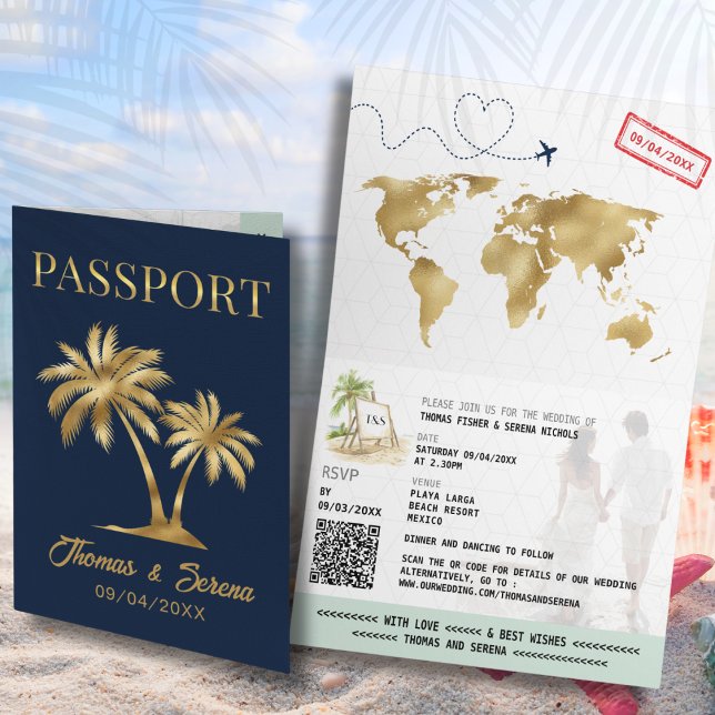 Invitation QR Code Palm Tree Passport Style Wedding (Créateur téléchargé)