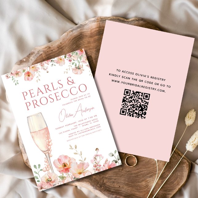 Invitation QR Code Pearls & Prosecco Blush Fête des mariées (Créateur téléchargé)