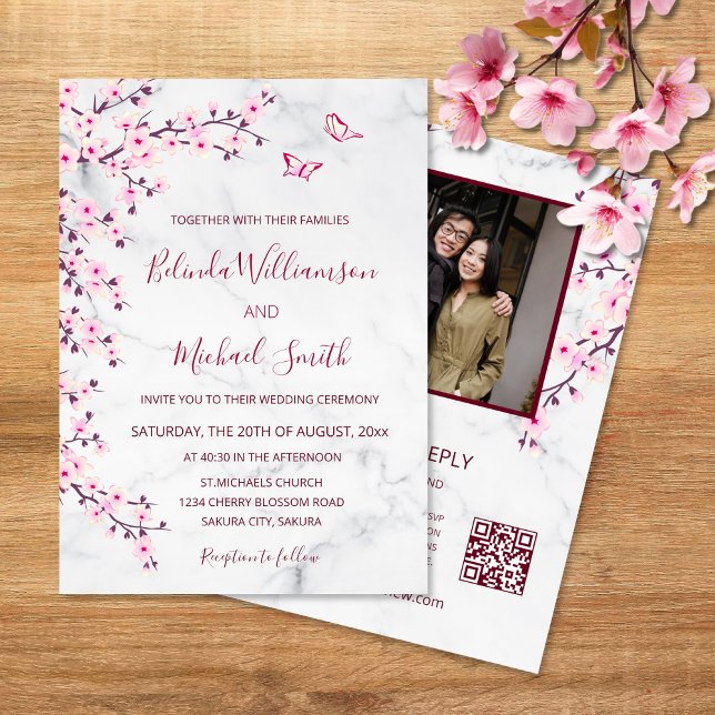 Invitation QR Code Photo Cherry Blossoms Marble Mariage (Créateur téléchargé)