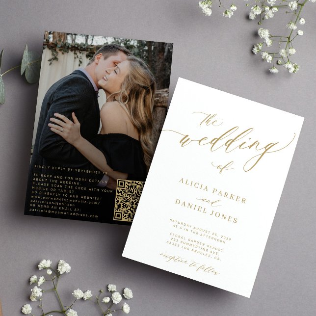 Invitation QR code photo moderne élégant mariage or (Créateur téléchargé)