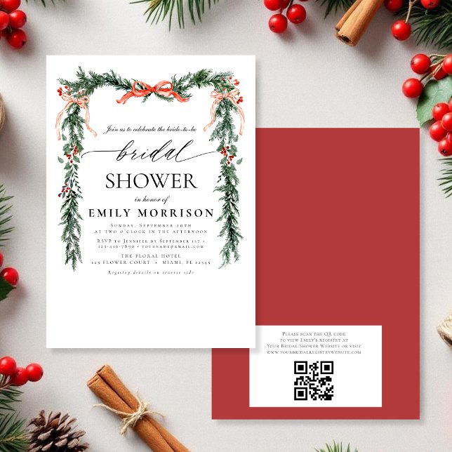 Invitation QR Code Pine Bow Christmas Bridal Shower (Créateur téléchargé)