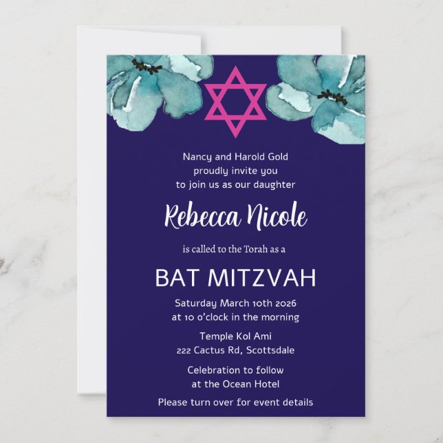 Invitation QR Code Pink Aquarelle Bat mitzvah Floral (Devant)