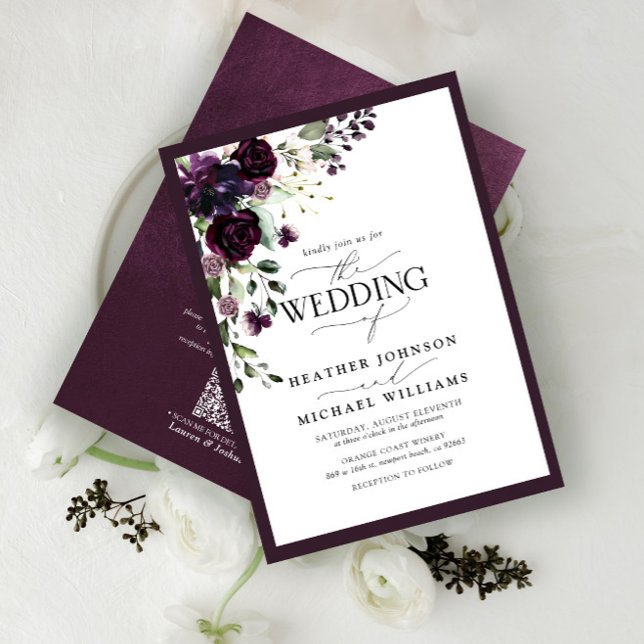 Invitation QR Code Plum Purple Floral Aquarelle Script (Créateur téléchargé)