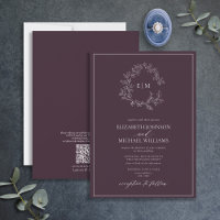 QR Code Plum Purple Leafy Crest Monogram Wedding