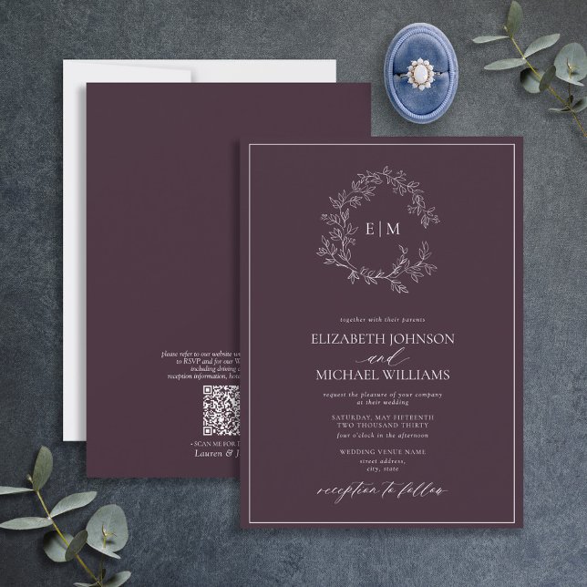 Invitation QR Code Plum Purple Leafy Crest Monogram Wedding (Créateur téléchargé)