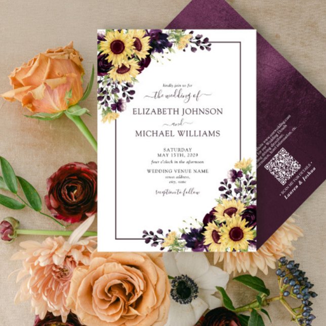 Invitation QR Code Plum Purple Sunflower Aquarelle Mariage (Créateur téléchargé)