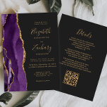 Invitation QR Code Purple Gold Agate Dark Mariage<br><div class="desc">Le bord gauche est doté d'une bordure d'aquarelle mauve, recouverte d'une fausse parties scintillant dorée. Le texte personnalisable combine écriture manuscrite dorée, cuivre et polices italiques sur un arrière - plan noir ardoise. L'envers offre de l'espace pour les détails mariages sur un arrière - plan noir en ardoise solide, ainsi...</div>