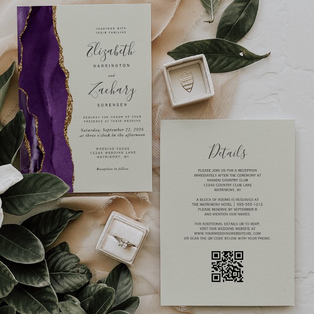 Invitation QR Code Purple Gold Agate Mariage ivoire (Créateur téléchargé)