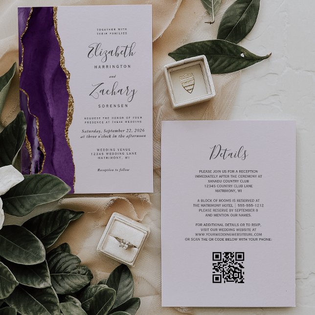 Invitation QR Code Purple Gold Agate Mariage Lavender (Créateur téléchargé)