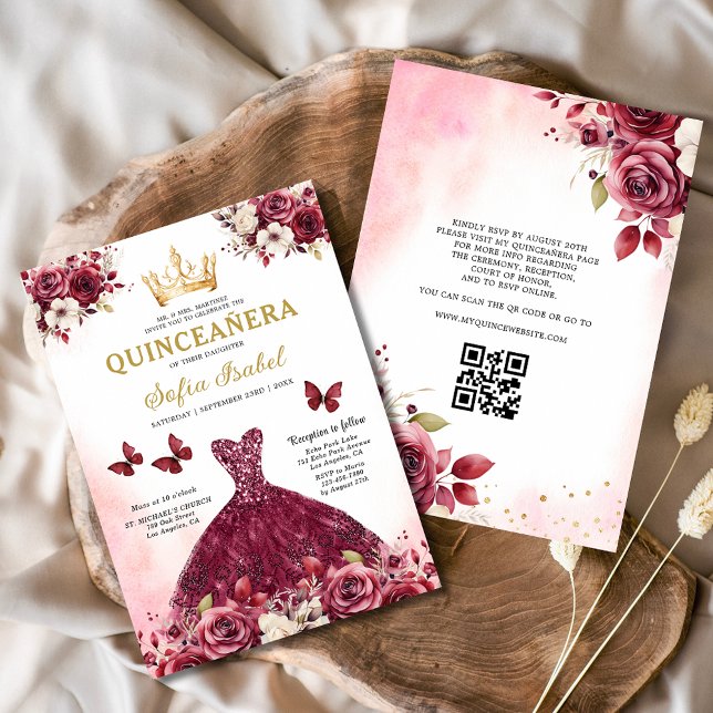 Invitation QR Code Quinceanera Floral Burgundy Princesse (Créateur téléchargé)