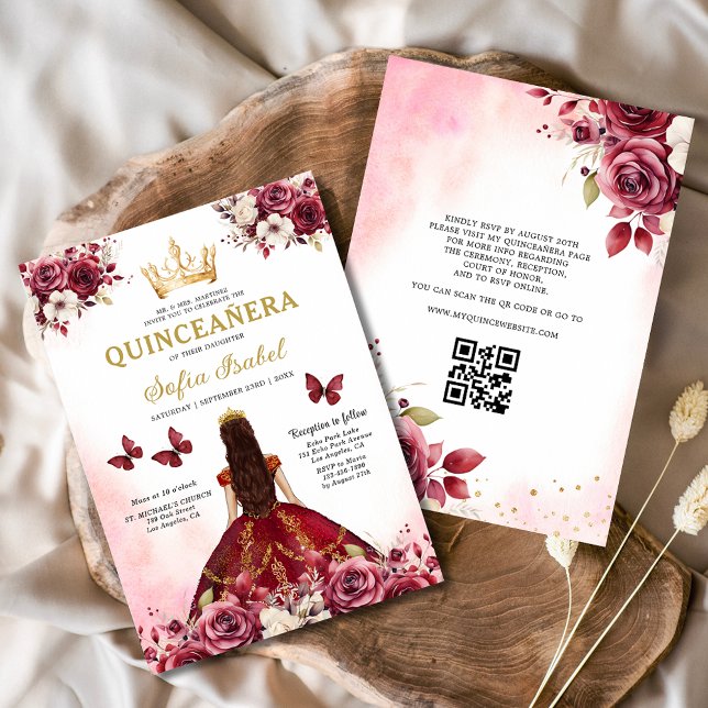 Invitation QR Code Quinceanera Floral Burgundy Princesse (Créateur téléchargé)