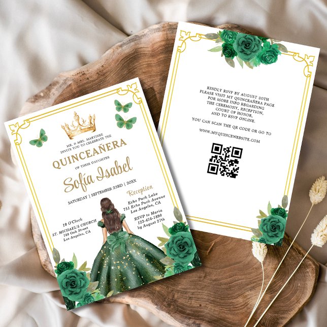Invitation QR Code Quinceanera Floral Emerald Gold Vert (Créateur téléchargé)