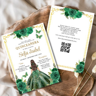 Invitation QR Code Quinceanera Floral Emerald Gold Vert