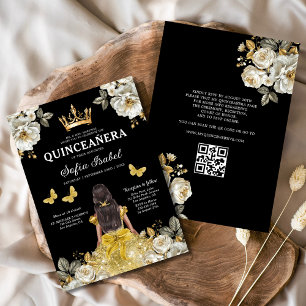 Invitation QR Code Quinceanera Floral Gold Princess