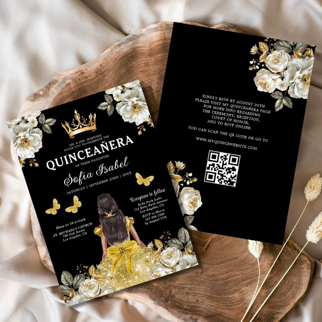 Invitation QR Code Quinceanera Floral Gold Princess (Créateur téléchargé)