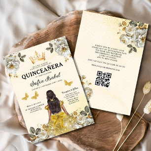 Invitation QR Code Quinceanera Floral Gold Princess