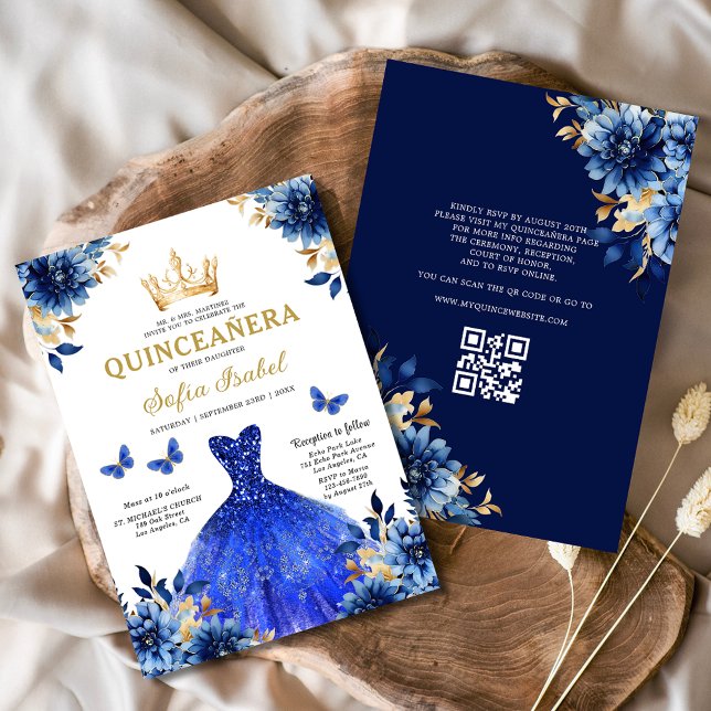 Invitation QR Code Quinceanera Floral Royal Blue Princess (Créateur téléchargé)