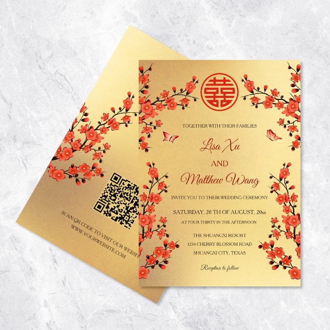 Invitation QR Code Red Cherry Blossom | Mariage chinois (Créateur téléchargé)