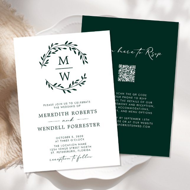 Invitation QR Code RSVP Emerald Green Monogram Mariage Wreath (Monogram Wreath Wedding Invitation QR Code RSVP in White and Emerald Green)
