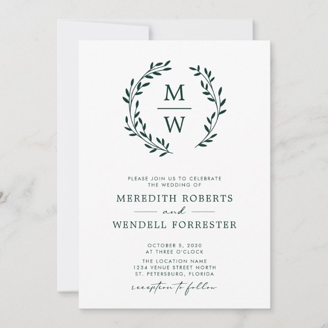 Invitation QR Code RSVP Emerald Green Monogram Mariage Wreath (Devant)