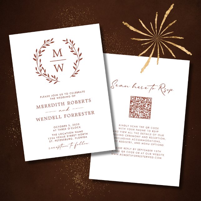 Invitation QR Code RSVP Terracotta Monogramme Mariage de cour (Wedding Invitation Terracotta Monogram Wreath QR Code White Background)