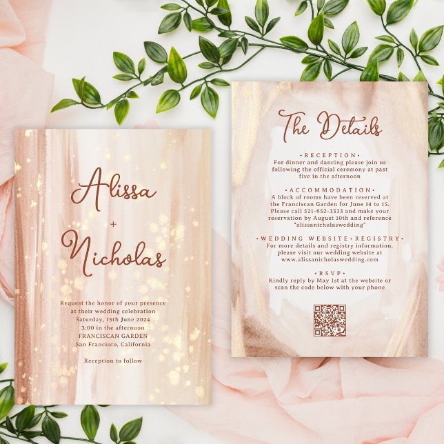 Invitation QR code Rustique Terracotta Gold Watercolor Mariag (Créateur téléchargé)