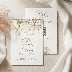 Invitation QR Code Rustique White Blooms Mariage