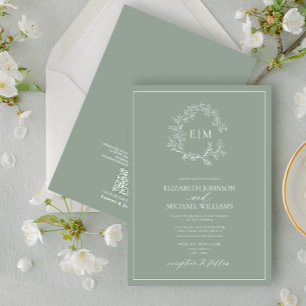 Invitation QR Code Sage Green Leafer Crest Monogram Mariage