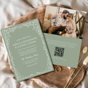 Invitation QR Code Sage Vert photo minimaliste Mariage