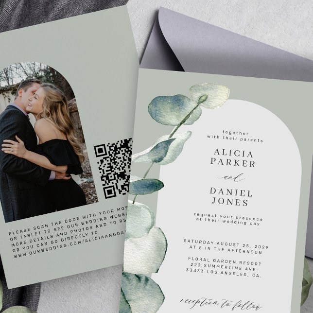 Invitation QR CODE sauge vert eucalyptus arche mariage PHOTO (Créateur téléchargé)