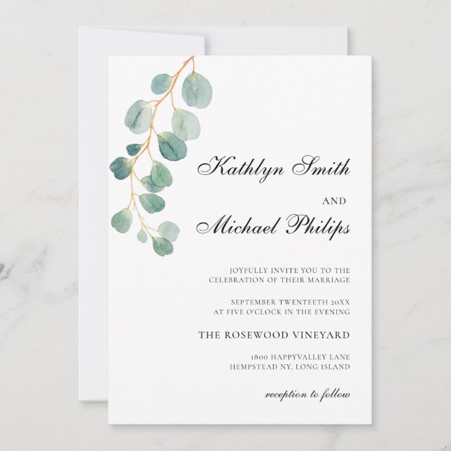 Invitation QR Code tout en un Mariage vert Eucalyptus moderne (Devant)